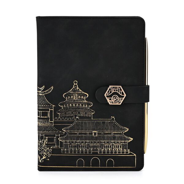 LIVMORE 2er-Set A5 Notizbuch mit Stift, Umschlag mit Magnetverschluss, Himmelstempel, Nationaler Landschaftsstil, Schwarz image number 2