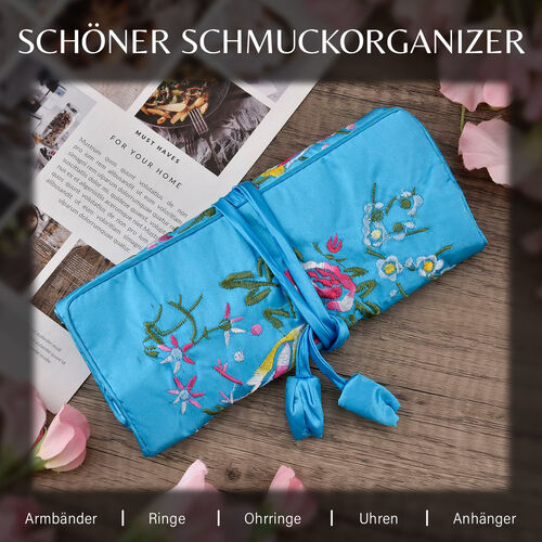 Schmuckorganizer aus Satin mit Stickerei und 5 Premium-Poliertüchern, 20x9cm, Türkis image number 1