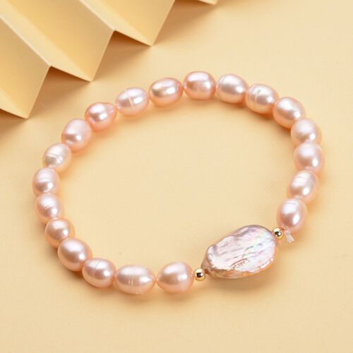 Pfirsich Süßwasserperle und lila Keshi Perle Armband, 16,5 cm image number 1