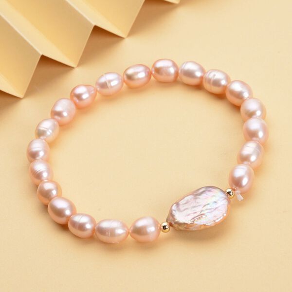 Pfirsich Süßwasserperle und lila Keshi Perle Armband, 16,5 cm image number 1
