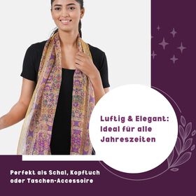 Bedruckter Schal aus 100% Seide, Mehrfarbiges Muster mit gelber Bordüre, 70x200 cm