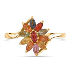 D'Joy Mehrfarbiger Saphir, Blauer Saphir Ring, 925 Silber vergoldet (Größe 20.00) ca. 1.13 ct