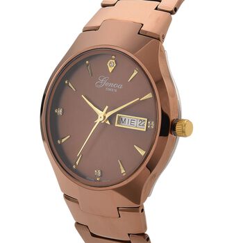 GENOA TIME V2 Uhr mit Japanischem VJ33 Quarzwerk, 36 mm, Zifferblatt mit Kristallen und Datumsanzeige, Armband aus Wolframstahl, 3 ATM wasserdicht, Coffee-Braun