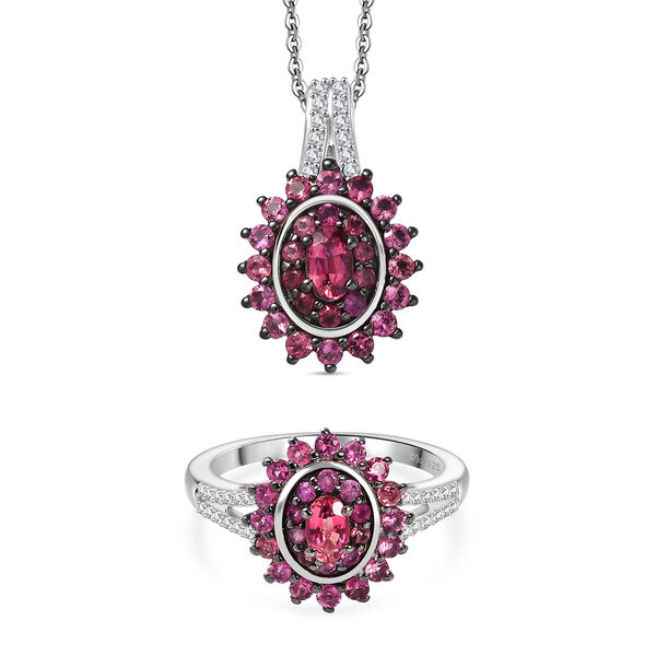 D'Joy AA Rubellit Granat und Zirkon Ring und Anh&auml;nger mit 50cm Kette