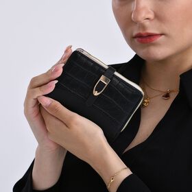 2-teiliges Geldb&ouml;rsen-Set im Krokopr&auml;gungs-Design, Lange Geldb&ouml;rse 20x10x3 cm und Bifold-Geldb&ouml;rse 12x9x3,5 cm, Schwarz