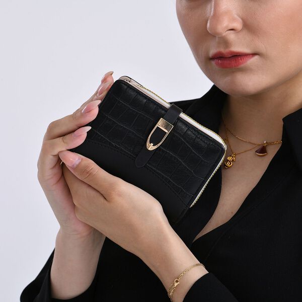 2-teiliges Geldb&ouml;rsen-Set im Krokopr&auml;gungs-Design, Lange Geldb&ouml;rse 20x10x3 cm und Bifold-Geldb&ouml;rse 12x9x3,5 cm, Schwarz image number 3