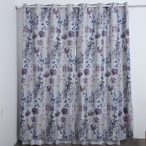 2er-Set - Verdunkelungsvorhänge mit 8 Metallringen, Blumenmuster, Weiß und Lila  image number 0