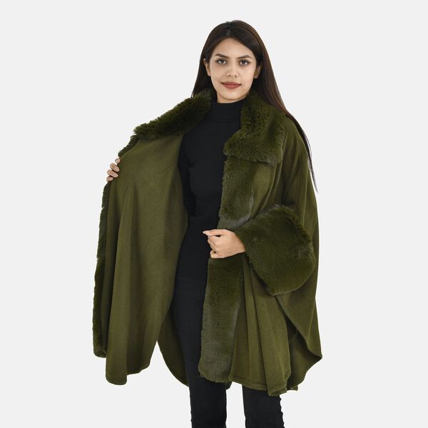 LA MAREY - Stilvoller langer Mantel mit Kunstpelzrand, 108x80cm, Grün image number 4