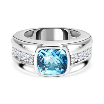 AA Elektrischer Blau Topas, wei&szlig;er Zirkon Ring, 925 Silber platiniert (Gr&ouml;&szlig;e 17.00) ca. 4.74 ct
