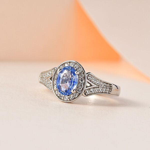 Blauer Ceylon-Saphir, Weißer Zirkon Ring, 925 Silber platiniert (Größe 18.00) ca. 1.42 ct image number 2
