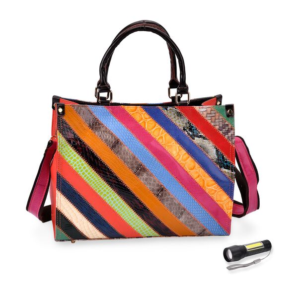 Chaos by Elsie Echteder Crossbody Tasche mit RFID und Mini-Blitzlampe, Multicolor Gepr&auml;gtes Krokodil-Muster in Gl&auml;nzenden Streifen, 34x15x26,5cm