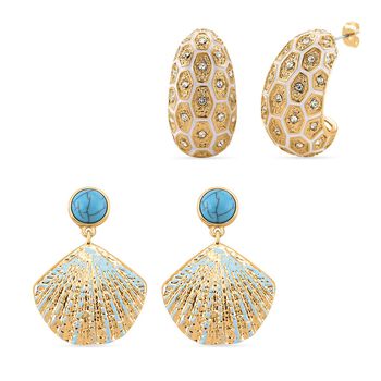 2er Set - Blauer Howlith und Wei&szlig;er Kristall Ohrringe, emailliert, goldfarben