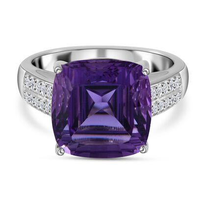 Lasergeschnittener Lusaka Amethyst, wei&szlig;er Zirkon Ring, 925 Silber platiniert, (Gr&ouml;&szlig;e 18.00) ca. 7.64 ct