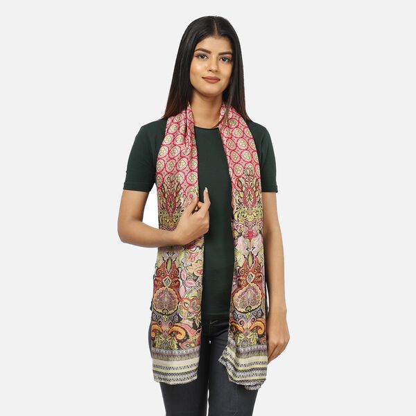 100% natürlicher Satin Seiden Schal, 165x50 cm, Arabeske Muster, Beige image number 2