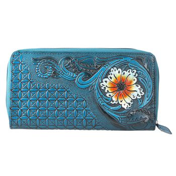 Gepr&auml;gte Lederb&ouml;rse mit RFID Schutz, florales Muster, 20x3x11cm, blau