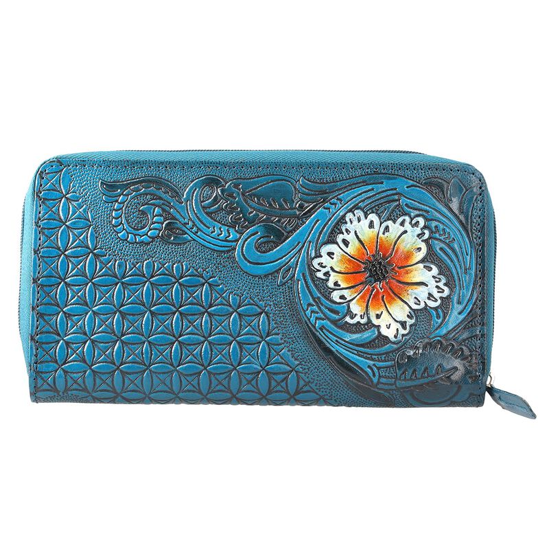 Geprägte Lederbörse mit RFID Schutz, florales Muster, 20x3x11cm, blau image number 0