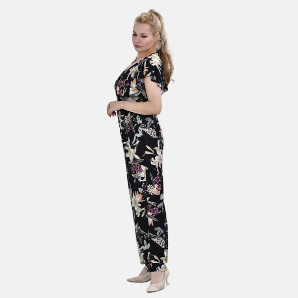 Jumpsuit mit gesmokter Taille und Flatterärmel, schwarz, Blumenmuster image number 8