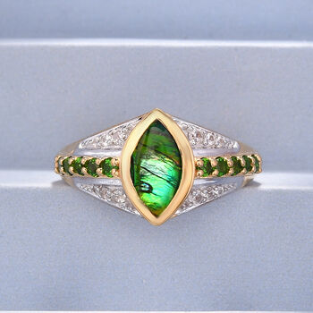 Kanadischer Ammolit und nat&uuml;rlicher Chromdiopsid-Ring, 925 Silber Gelbgold Vermeil  ca. 1,50 ct