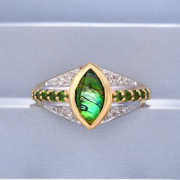 Kanadischer Ammolit und nat&uuml;rlicher Chromdiopsid-Ring, 925 Silber Gelbgold Vermeil  ca. 1,50 ct image number 2