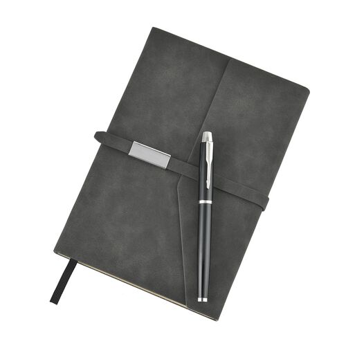 Kunstleder Notizbuch und Kugelschreiber-Geschenkset, grau image number 0