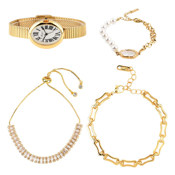 GENOA - Wei&szlig;er Zirkonia, Wei&szlig;es Perlmutt Schmuckset 316L Edelstahl IP-Gelbbeschichtung, Nickelfreies Messing IP-Gelbbeschichtung und Legierung IP-Gelbbeschichtung