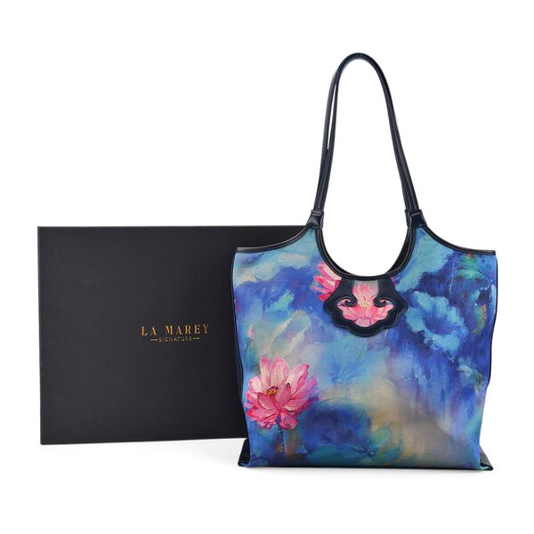 LA MAREY Brokat Handtasche aus Seide und Echtleder, 34x35x11,5cm, Blau mit rosa Blumen image number 7