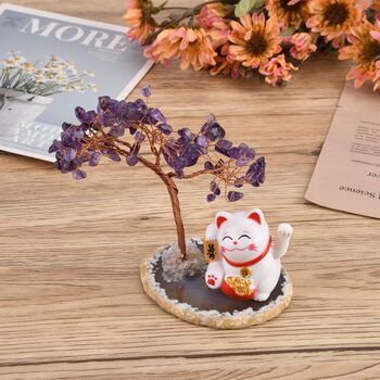 LIVMORE Solar Edelstein Gl&uuml;ckskatze Dekoration mit Achatbasis und 108 Amethyst Steinen ca. 11 cm Lila