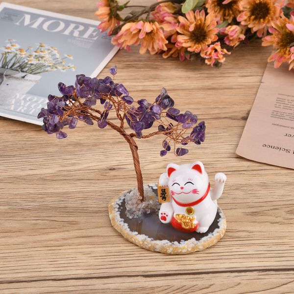 LIVMORE Solar Edelstein Gl&uuml;ckskatze Dekoration mit Achatbasis und 108 Amethyst Steinen ca. 11 cm Lila image number 1