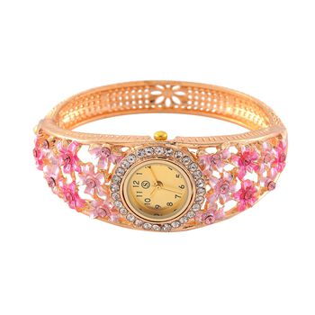 Strada - Elegante Bangle-Uhr mit Gold-Sonne-Zifferblatt, Lila und wei&szlig;e Kristallen, Japanischem Uhrwerk, Reiner Edelstahl, emailliert, Rosa
