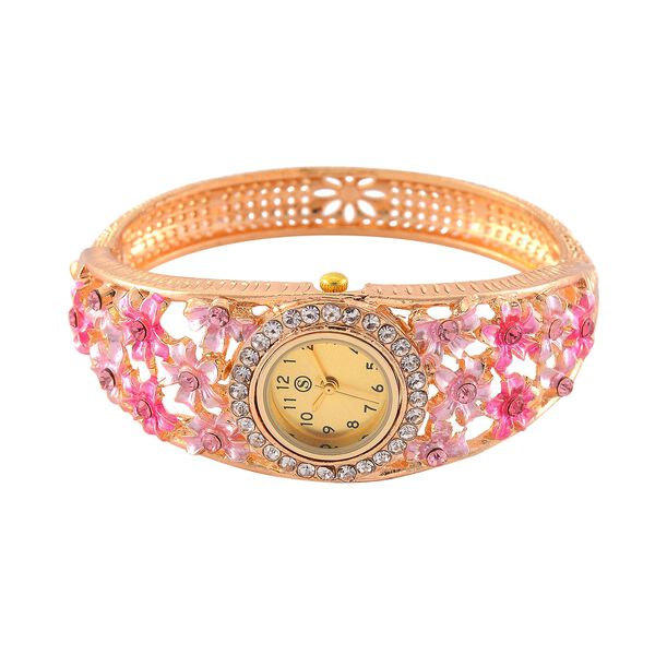 Strada - Elegante Bangle-Uhr mit Gold-Sonne-Zifferblatt, Lila und weiße Kristallen, Japanischem Uhrwerk, Reiner Edelstahl, emailliert, Rosa image number 4