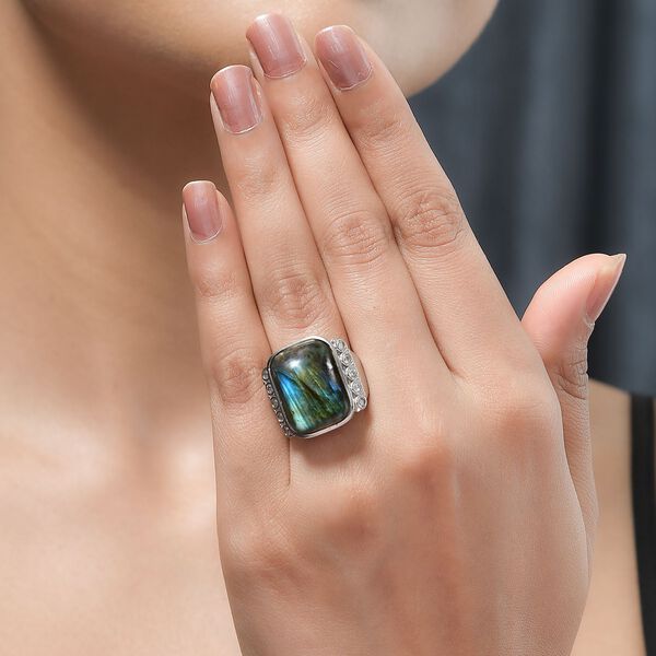 Labradorit, Wei&szlig;er Zirkon Ring, Edelstahl (Gr&ouml;&szlig;e 21.00) ca. 14.70 ct image number 3