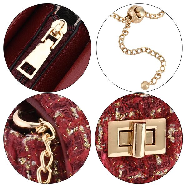 Umhängetasche aus 100% echtem Leder mit Bouclé-Stoff, Burgunderrot image number 5