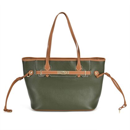 Echtleder - Modische, ger&auml;umige Kontrastfarbene Tasche mit Verschluss, Gr&ouml;&szlig;e: 41x15x26 cm, gr&uuml;n