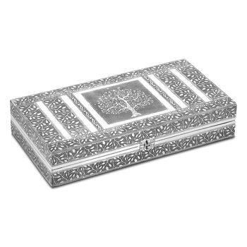 Handgefertigte, oxidierte Schmuckschatulle mit Lebensbaum-Pr&auml;gung, 38x20x7,6 cm, Silber