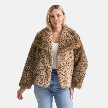 LA MAREY Signature Kurzjacke aus Webpelz mit Leopardenmuster, Einheitsgr&ouml;&szlig;e, Braun