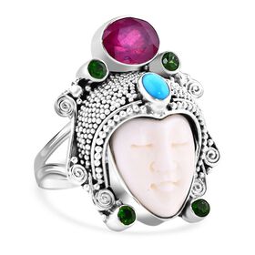 Sajen Silver- Ochse Knochen, afrikanischer Rubin, Sleeping Beauty Türkis und Chromdiopsid-Ring- 3,82 ct.