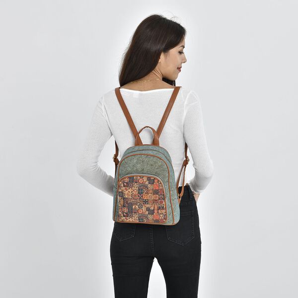 Rucksack aus Naturkork mit Kunstleder-Griffen, Boh&egrave;me Muster, Blau image number 3