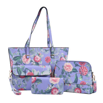 Passage - 4er-Set, Handtasche, Crossbody Tasche, Clutch und Brieftasche mit Blumen Muster, Lila