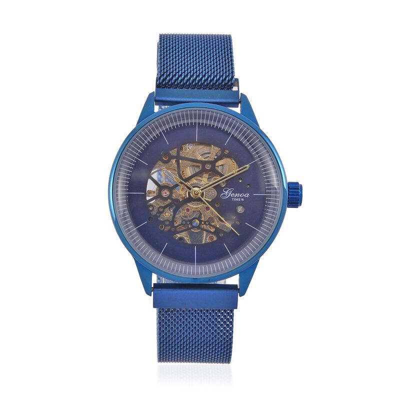 GENOA Automatik-Uhr: Blau Ausgehöhltes Sonnenstrahl-Zifferblatt und Edelstahlarmband, 10.25 cm image number 0