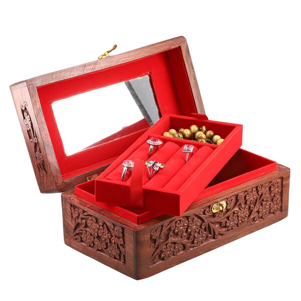 Sheesham Handgeschnitzte Schmuckschatulle: 2 Schichten, 23x13 cm, braun image number 4
