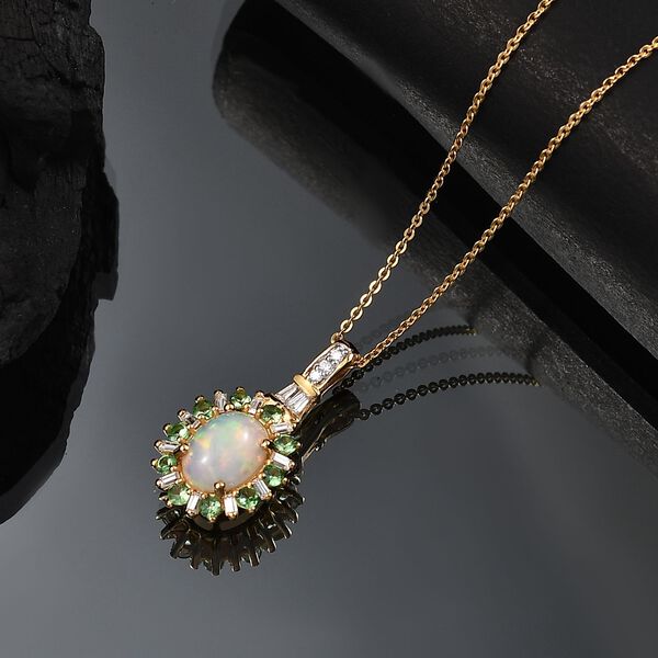 AA nat&uuml;rlicher, &auml;thiopischer Welo Opal, Tsavorit Granat und Moissanit Anh&auml;nger mit 50cm Kette - 1,78 ct. image number 2