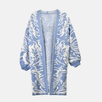 Modischer Winter Strick-Cardigan, mit Blumenmuster, One size, hellblau