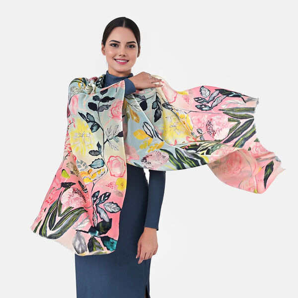LA MAREY - Schulterstola aus 100 % Kaschmirwolle, 70 x 195 cm, Rosa Blumenprint image number 2