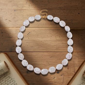 D'Joy Wei&szlig;e Keshi Perle Halskette ca. 45 cm mit 5 cm extender, 925 Silber vergoldet