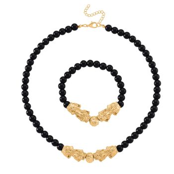 Schwarzer Glasachat Schmuckset Legierung gelb vergoldet ca. 430.00 ct