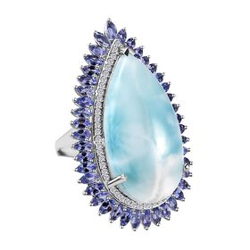 AA Larimar, Tansanit Ring, 925 Silber platiniert (Größe 19.00) ca. 28.27 ct