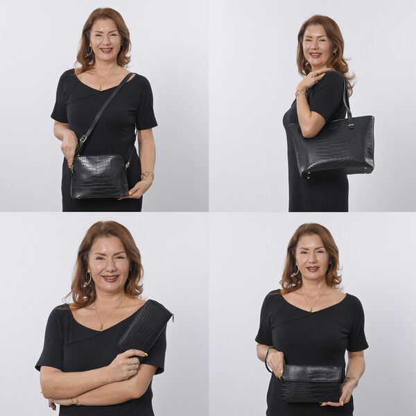 Passage - 4er-Set, Handtasche, Crossbody Tasche, Clutch und Brieftasche mit Kroko-Prägung, Schwarz image number 2