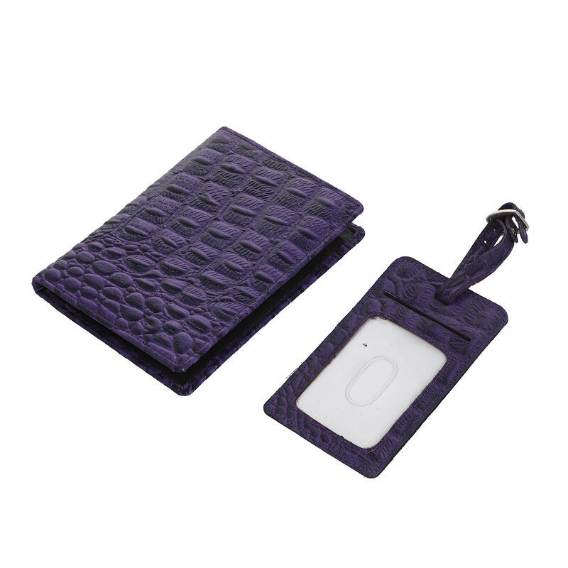 2er Set - Reisepass-Etui aus 100% echtem Leder mit RFID Schutz, mit passendem Kofferanhänger, Krokoprägung, Violett image number 0