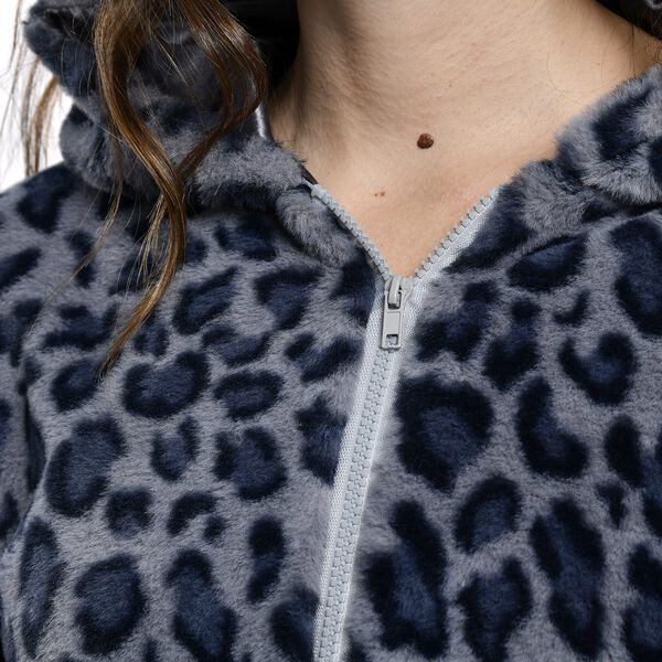 LA MAREY - Kunstfell Wintermantel mit Kapuze, Leopardenmuster, Größe L, Grau  image number 7