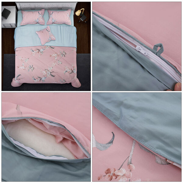 SERENITY NIGHT: 3er-Set - Seidensteppdecke und 2 Kissenbezüge, Blumenmuster, Hellblau und Rosa image number 4